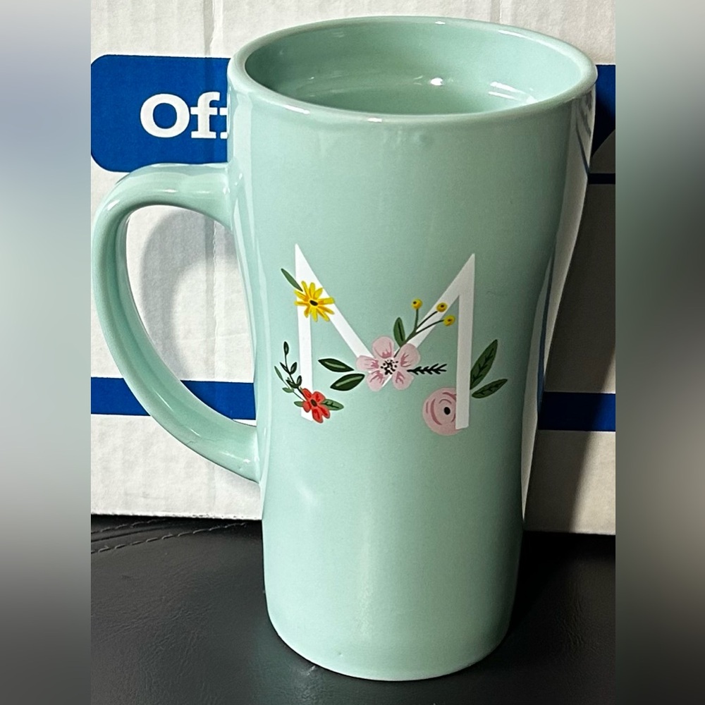 Floral Mint Green Clay Art monogram mug 
with letter 'M' and a floral design